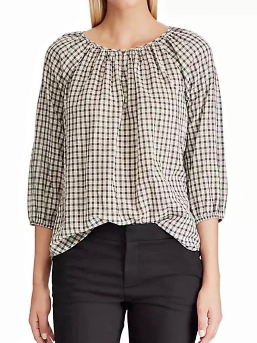 Chaps Crinkle Gingham Peasant Blouse in Charcoal & Cream